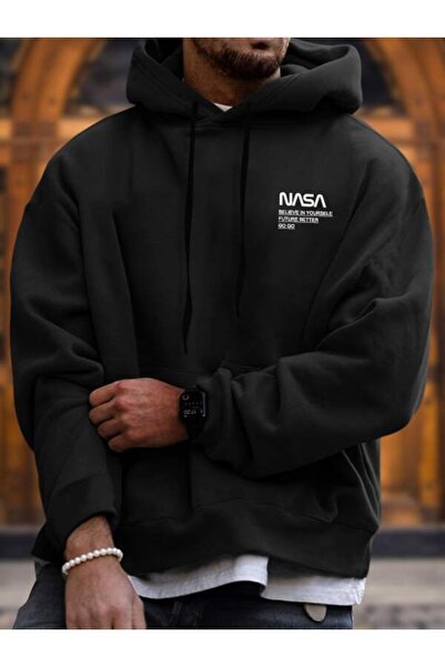 RASCHA Hanorac cu glugă cu imprimeu cu detaliu litere NASA negru pentru bărbați
