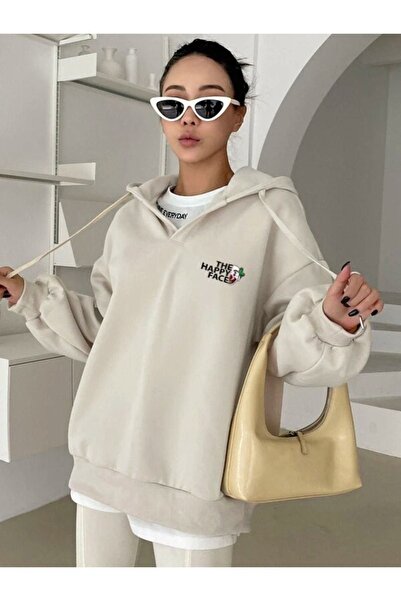 ORLONTEX Φούτερ με κουκούλα Unisex White Happy Printed Oversize