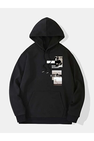 RASCHA Hanorac oversize cu glugă, negru, imprimat New Moment