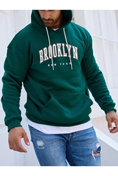 RASCHA سويت شيرت بغطاء رأس كبير الحجم مطبوع عليه بروكلين باللون الأخضر للرجال