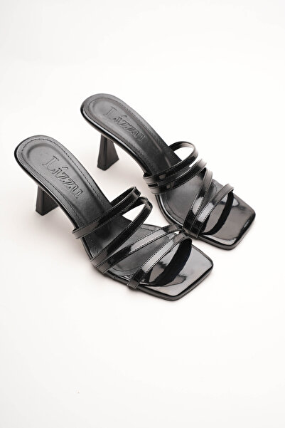 Lizzu Women's Blunt-Toe Design Heeled Slippers Prana Black Patent Leather