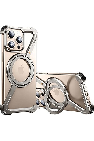 Margoun Minimalist Metal Frameless Case with 360° Kickstand for iP 16 Pro Max (Titanium+2 Glass)