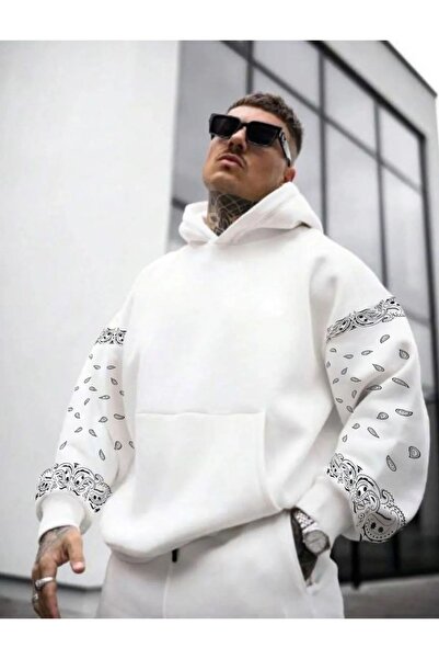 RASCHA Men's White Sleeve Patterned Oversize Hooded Sweatshirt