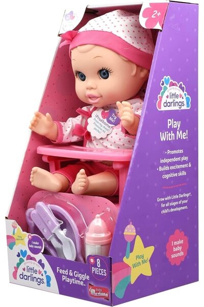 Baby Maziuna Feed & Giggle Playtime 12-inch Doll Set with Sound, Highchair and 8-Piece Feeding Set