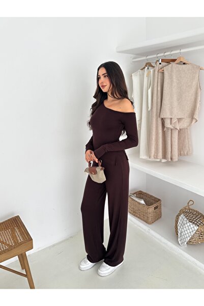 FEWTİNT Asymmetrical Neckline, Long Sleeves, and Off-The-Shoulder Blouse. Elastic Waist Long Pants.