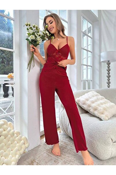 pijamapuff KADIN BORDOGÖBEĞİ DANTELLİ VİSKON PİJAMA TAKIMI BORDOZEHRA