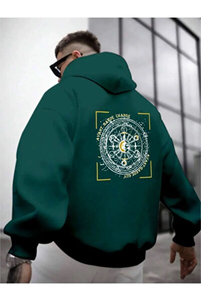 ORLONTEX Men's Green Avant Back Printed Oversize Hooded Sweatshirt