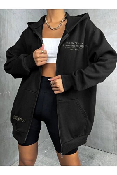 RASCHA Unisex Black Happiest Printed Thin Seasonal Hooded Oversize Cardigan