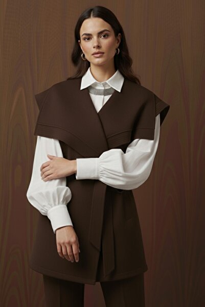 Puane Women's Stitched Detailed Belted Scuba Vest Set - 14398Tkm - Brown