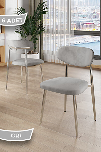 Canisa Laos Serisi 6 Adet Gri Mutfak Sandalyesi Krom Kaplama Metal Ayak 1.Sın...