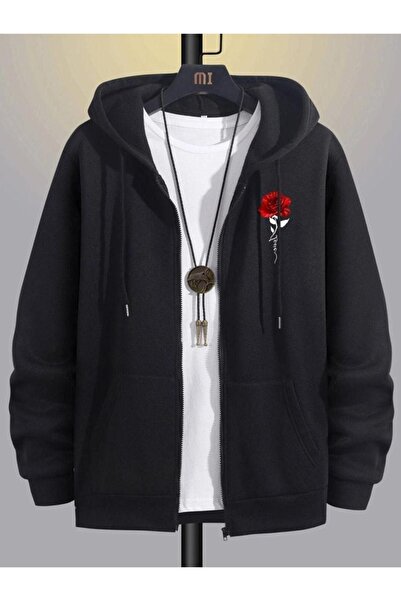 RASCHA Unisex Black Flower Print Zippered Hooded Oversize Cardigan