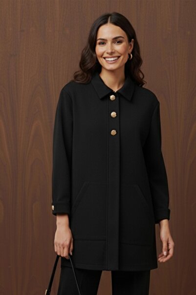 Puane Women's Gold Button Detailed Tunic Set-14429Tks - Black