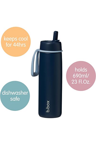 b.box Triple Insulated 23oz Water Bottle with Stainless Steel Straw (680ml / 23oz) - Midnight