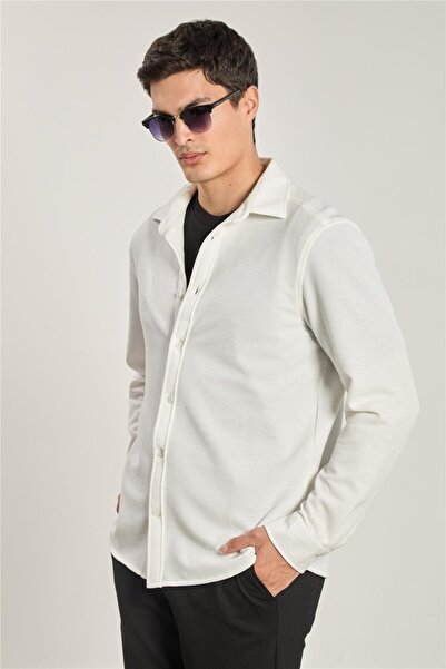 BARRELS AND OIL Men's Collared Buttoned Waffle Shirt - Ecru