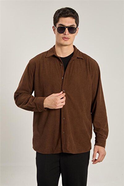 BARRELS AND OIL Men's Corded Fabric velvet shirt - brown
