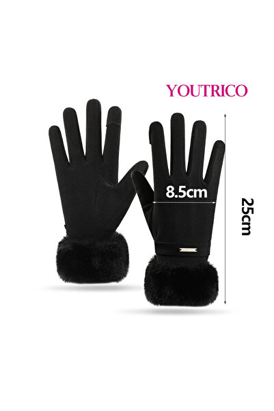Youtrico Women's Winter Large Fur Cuff Gloves, Warm and Cold-Resistant Thick Gloves for Outdoors