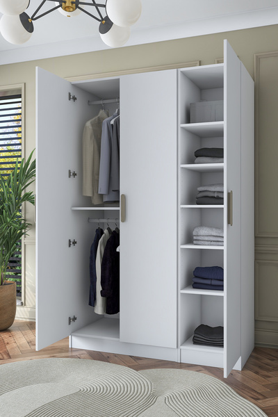 Rani Mobilya Rani BA164 Gardırop Elbise Dolabı 3 Kapaklı 6 Raflı 2 Askılı Modüler Dolap Beyaz