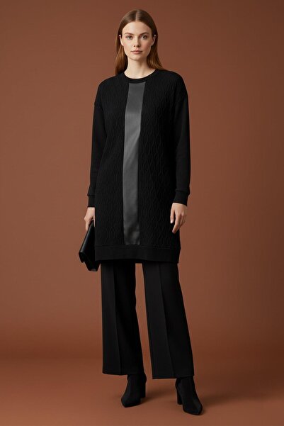 Puane Women's Leather Detailed Knitwear Tunic -10755Tun - Black