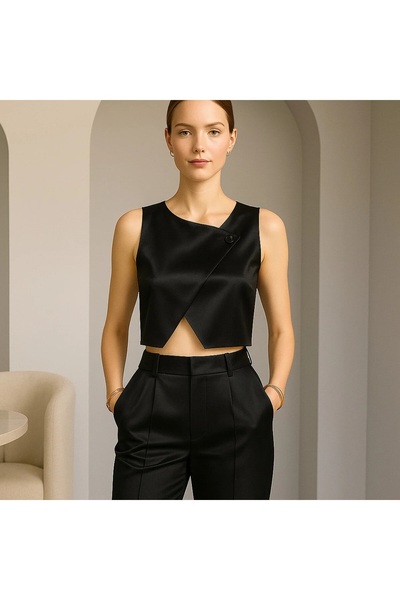 MadyaButik Crop Model Asymmetrical Satin Bustier with Gold Buttons Simple and Stylish Bustier