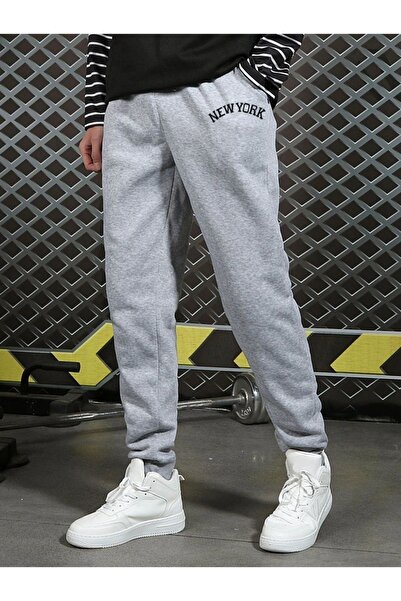 RASCHA Men's Gray Ribbed New York Printed Tracksuit Bottoms