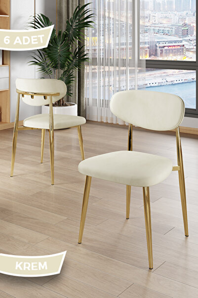 Canisa Laos Serisi 6 Adet Krem Mutfak Sandalyesi Gold Kaplama Metal Ayak 1.Sı...
