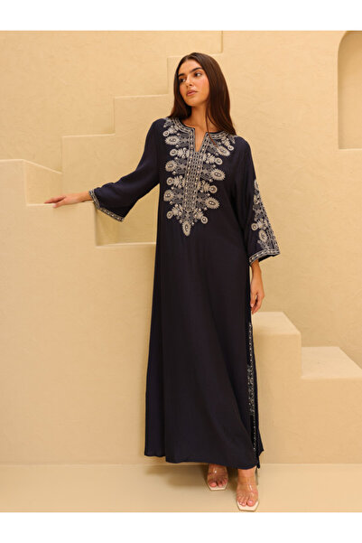 IKKXA Solid Casual Jalabiya Embroidery Details on Front and Sides