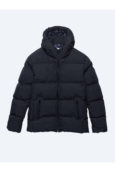 Kip Navy Blue Regular Fit Hooded Casual Woven Coat