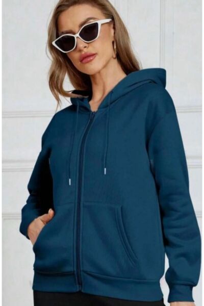 RASCHA Women's Petrol Blue Zippered Hooded Cardigan