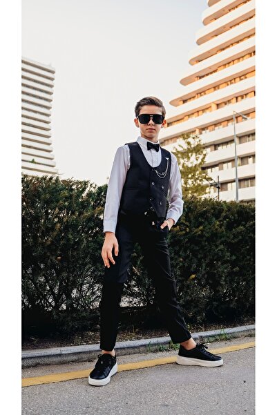 Atlas Kids Boy's Tuxedo Suit – Vest Set Bow Tie Shirts with Jogger Pants and Chains Set of 5