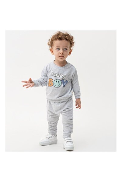bebegen طقم مكون من قطعتين للأطفال الأولاد باللون الرمادي مع كتابة Happy Boy