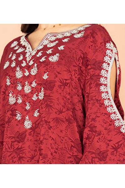 IKKXA Classic Printed Jalabiya Cold Shoulder Crystal Designs