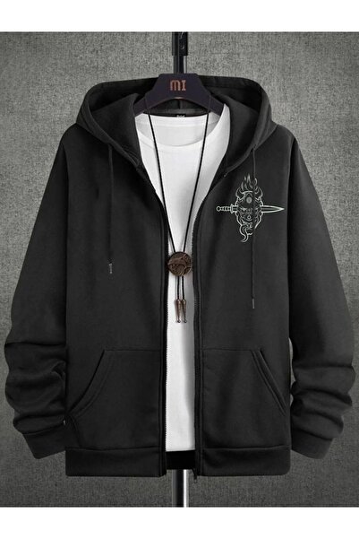 ORLONTEX Men's Black Front Back Printed Hooded Zipper Cardigan