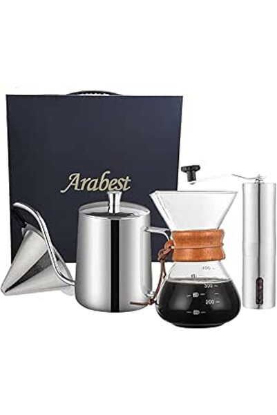 Arabest Coffee Brewing Set - 4 Piece Kit with Manual Grinder, Sharing Pot for Brewed Handcrafted Coffee
