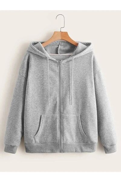 RASCHA Women's Gray Zipper Hooded Cardigan