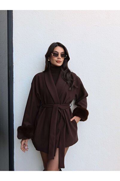 ESRAHELVACI Short Coat with Fur Cuffs and Tie-Up