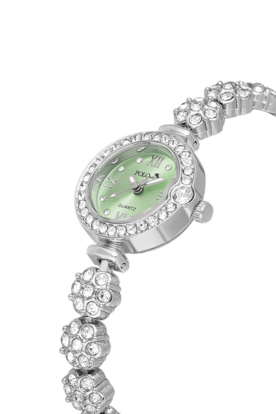 Polo Air ساعة يد نسائية فاخرة بنمط زهرة حجرية باللون الفضي والأخضر اللون PL-1...