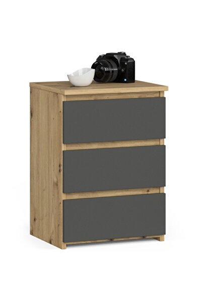 SERSIMO Bedside table with 3 drawers, 16 mm laminated chipboard, 40x35x57 cm, artisan oak and gray
