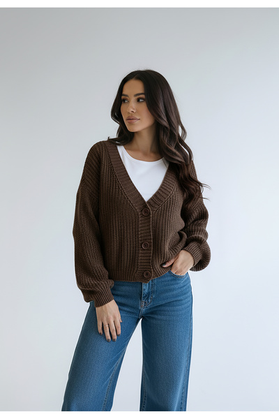 Figl Cardigan with buttons - Warm cardigan - Brown cardigan M1263 size M