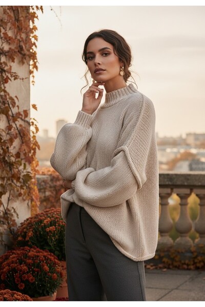 Figl Women's turtleneck sweater - Women's thick sweater - Beige sweater M1238 size M