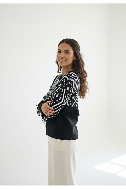 Figl Boho sweater with fringes - Boho sweater - Black sweater M1265 size S