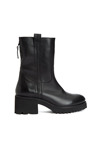 Dıvarese Siyah Fermuarlı Kadın Deri Bot