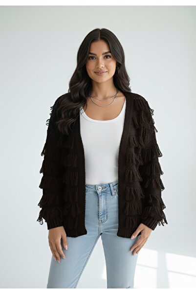 Figl Cardigan cu franjuri - Cardigan elegant pentru femei - Maro M1259 mărimea M