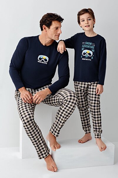 Arnetta Father and Son Checkered Navy Blue Pajama Set Combination, Men's and Children's Pajamas Sold Separately