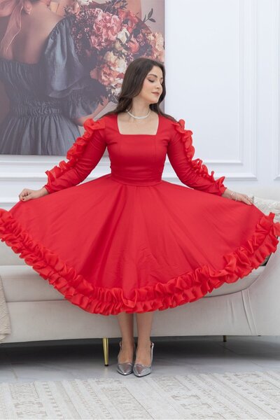 TREN Red Midi Dress with Ruffle Sleeves and Hem | Elegant Evening Dress for Special Occasions