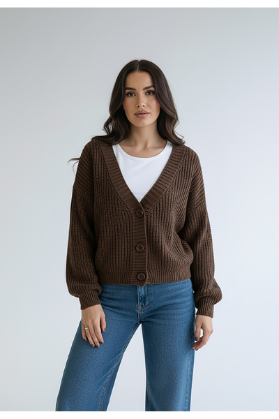 Figl Cardigan with buttons - Warm cardigan - Brown cardigan M1263 size S