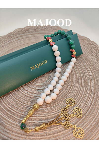 MAJOOD 33 حبة من حجر الملاكيت الطبيعي مع صخور بركانية، مسبحة صلاة/تسبيح/10 مم...