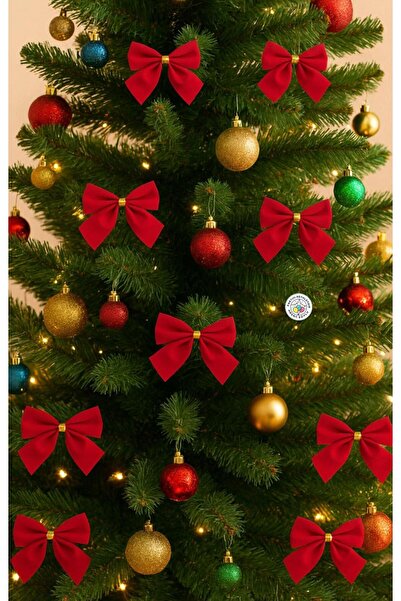 Partini Renklendir Kırmızı Kadife Fiyonk Yılbaşı Süsü 12'li