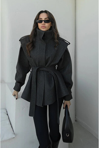 My Blog Anthrazitfarbener Kaschmirmantel mit Epauletten - 1005