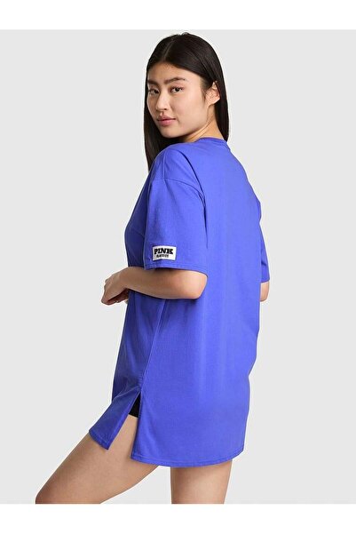 PİNK Pamuklu Oversize Yırtmaç Detaylı Uyku Tişörtü