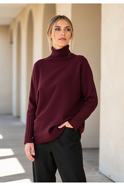 Figl Pulover elegant de damă - Pulover cu guler înalt - Pulover vișiniu M1101...